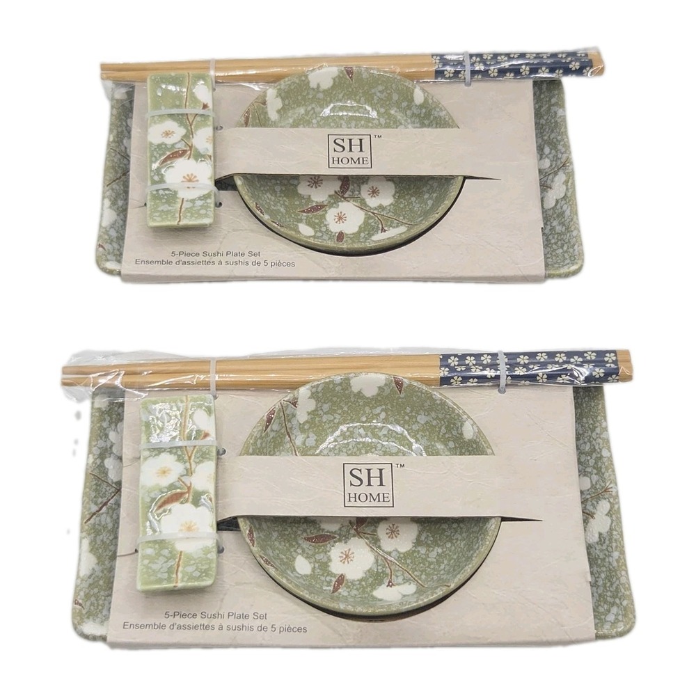 SH Home 10-Piece Ceramic Sushi Plate Set of 2 Green Sakura Cherry Blossom Design